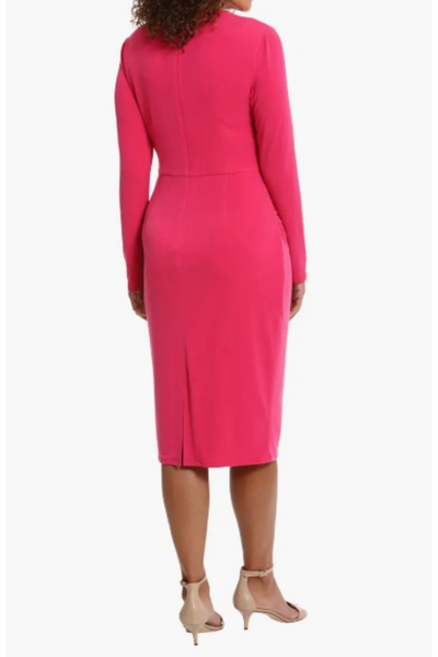 London Times T7158M Long Sleeve Draped-Neck Ruched Dress with High Neck, Jersey, Pleated Detail