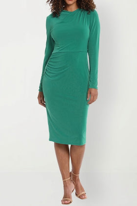 London Times T7158M Long Sleeve Draped-Neck Ruched Dress with High Neck, Jersey, Pleated Detail