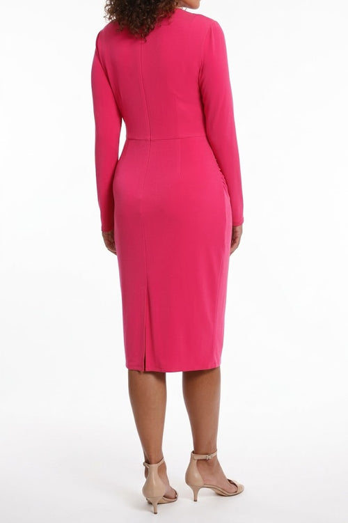 London Times T7158M Long Sleeve Draped-Neck Ruched Dress with High Neck, Jersey, Pleated Detail