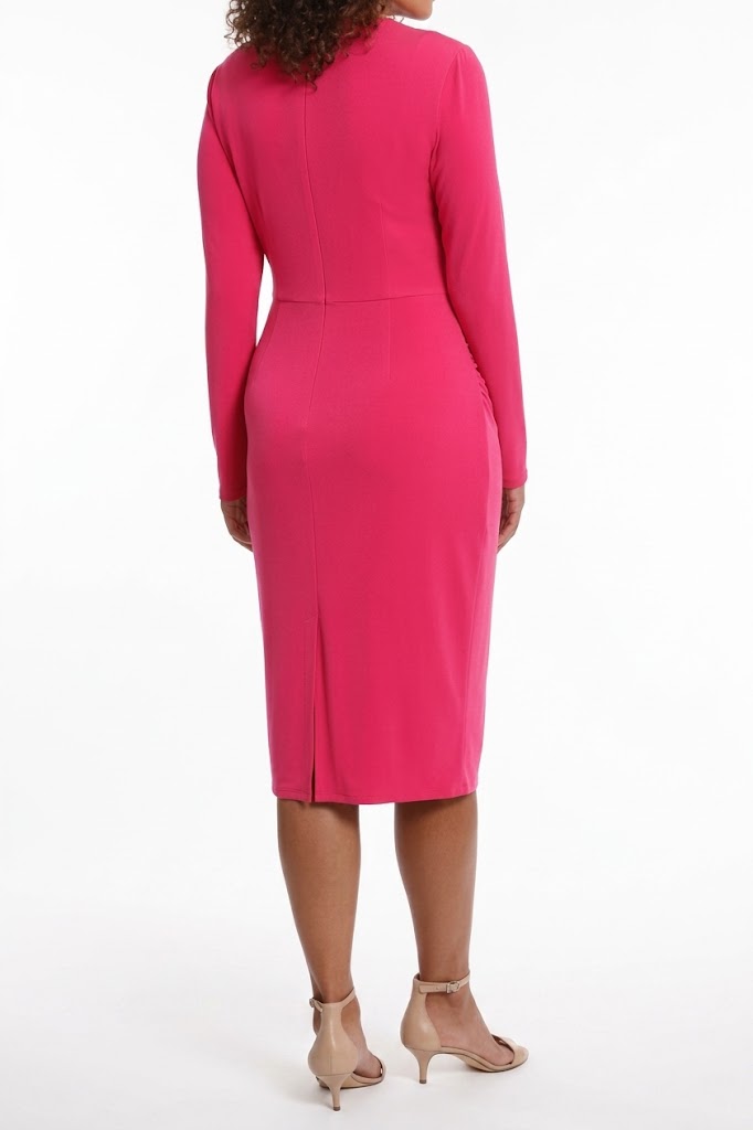 London Times T7158M Long Sleeve Draped-Neck Ruched Dress with High Neck, Jersey, Pleated Detail