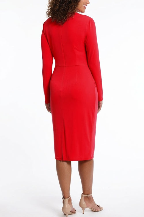 London Times T7158M Red Long Sleeve Draped-Neck Ruched Dress with Draped Neck, Jersey, Pleated Detail