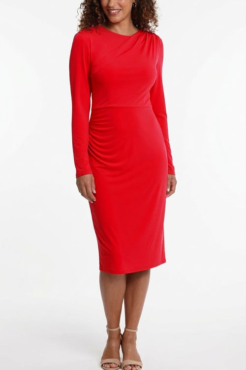 London Times T7158M Red Long Sleeve Draped-Neck Ruched Dress with Draped Neck, Jersey, Pleated Detail