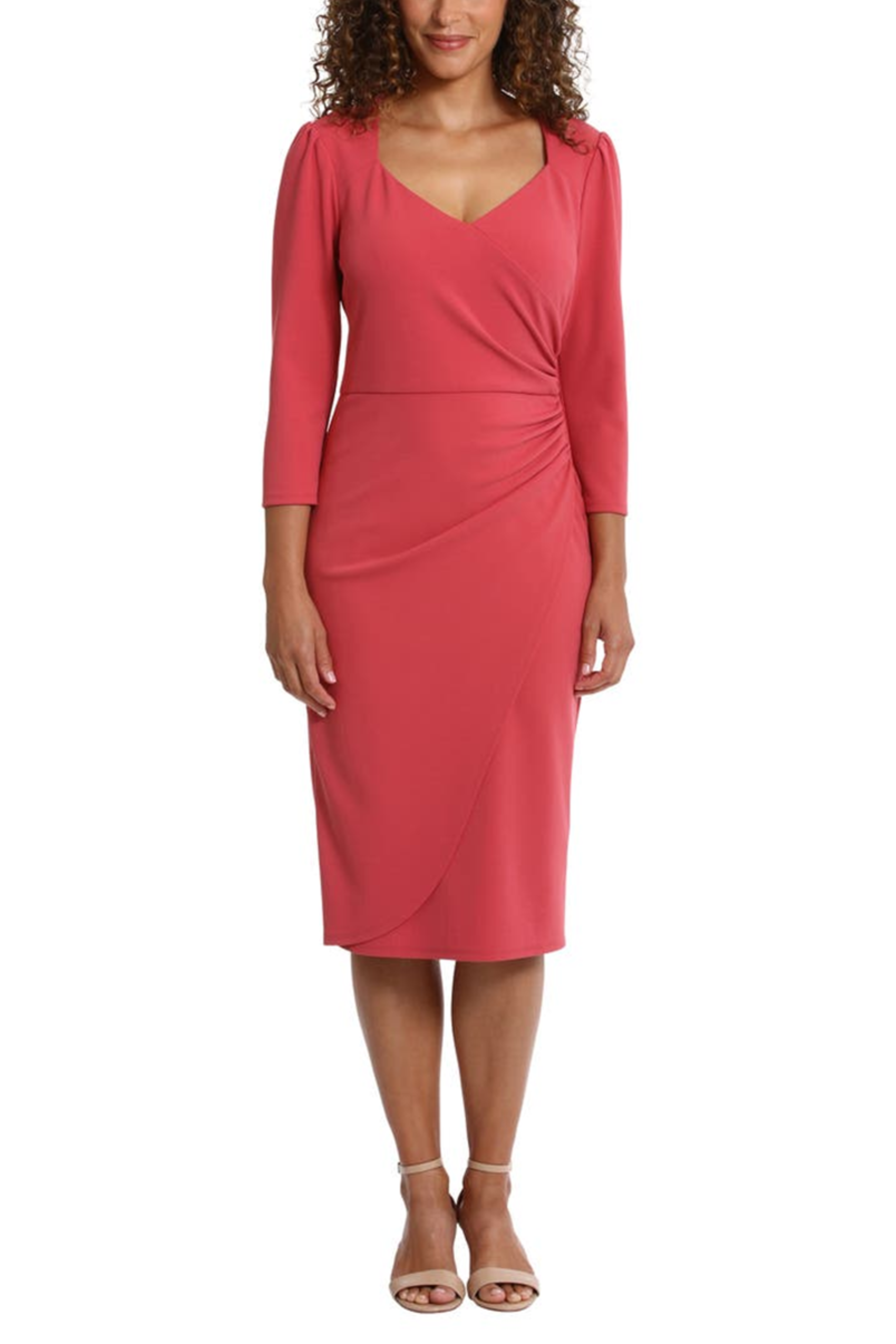 London Times T7165M Mauve Ruched Waist 3/4 Sleeve Sheath Dress with V-Neck, Scuba Crepe