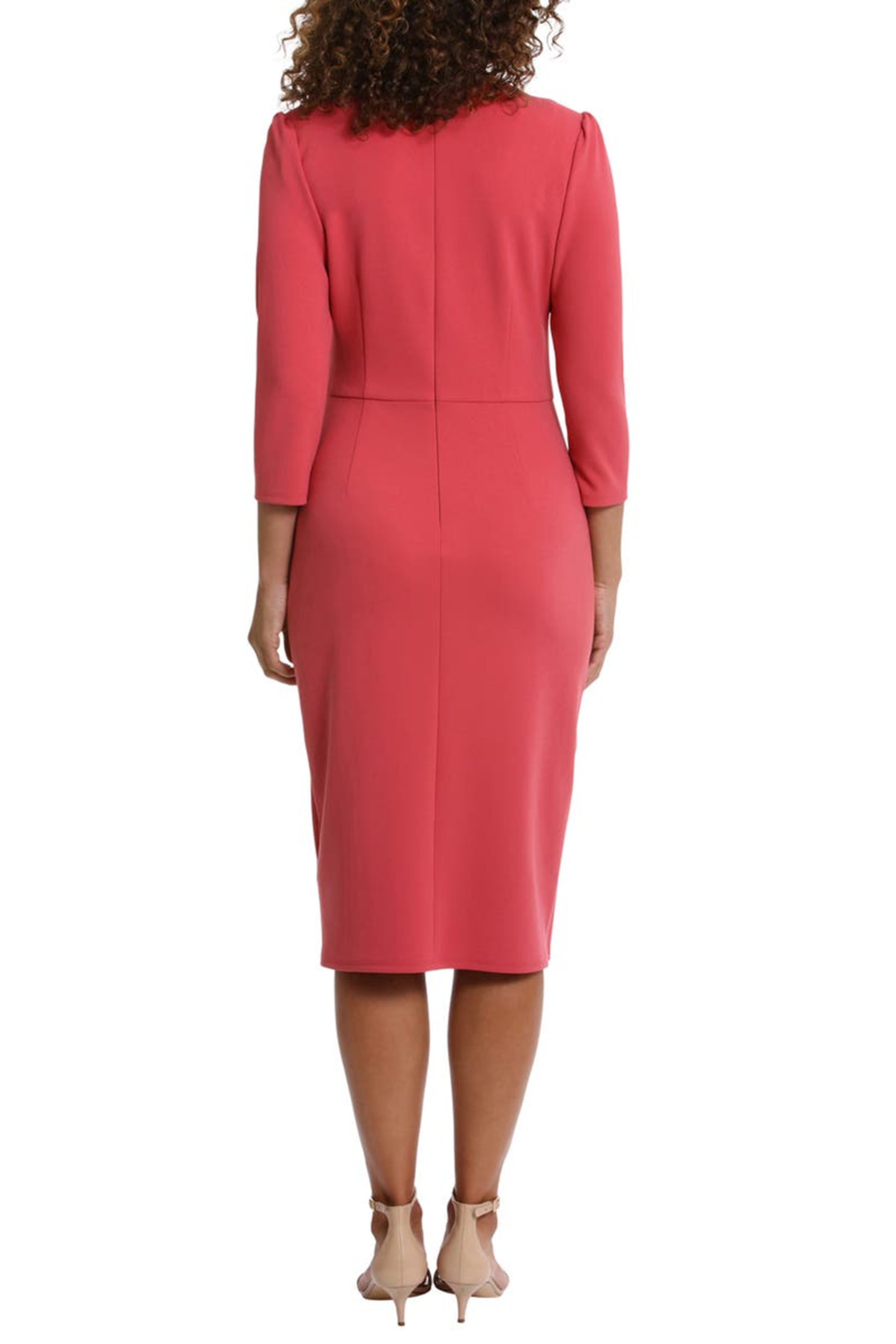 London Times T7165M Mauve Ruched Waist 3/4 Sleeve Sheath Dress with V-Neck, Scuba Crepe