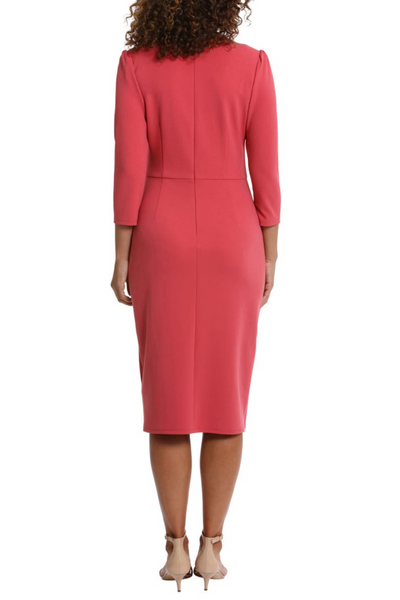 London Times T7165M Mauve Ruched Waist 3/4 Sleeve Sheath Dress with V-Neck, Scuba Crepe
