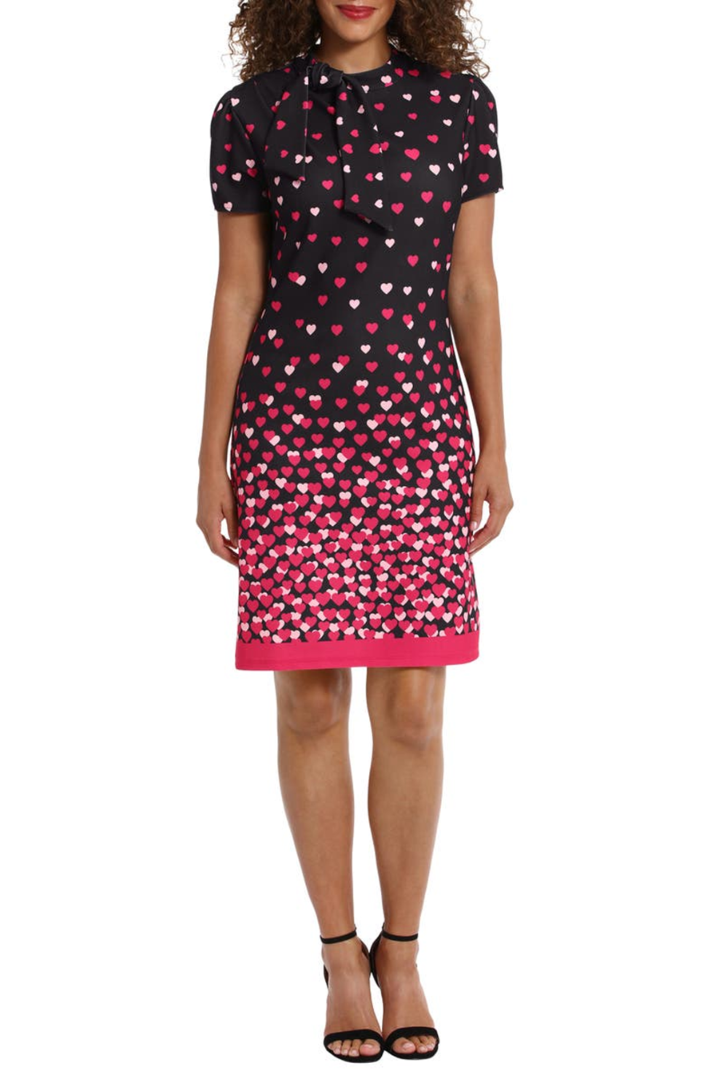 London Times T7185M Black Pink Tie Neck Heart Print Sheath Dress with Short Sleeve, Scuba Crepe