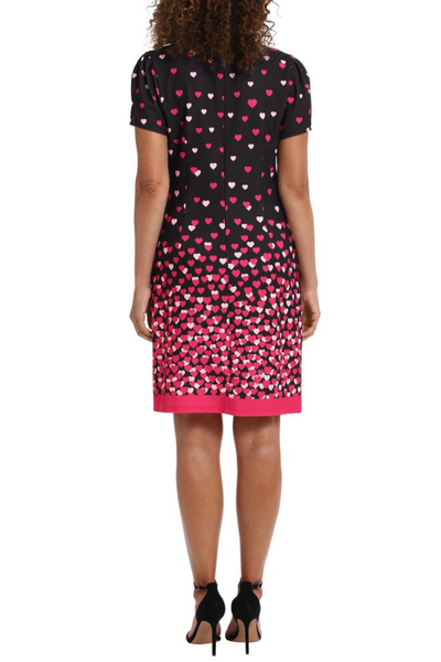 London Times T7185M Black Pink Tie Neck Heart Print Sheath Dress with Short Sleeve, Scuba Crepe