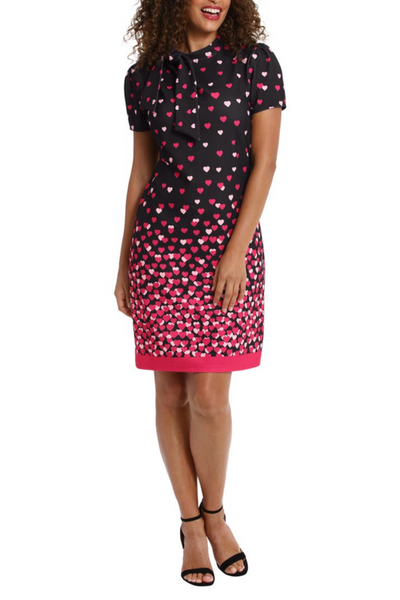 London Times T7185M Black Pink Tie Neck Heart Print Sheath Dress with Short Sleeve, Scuba Crepe