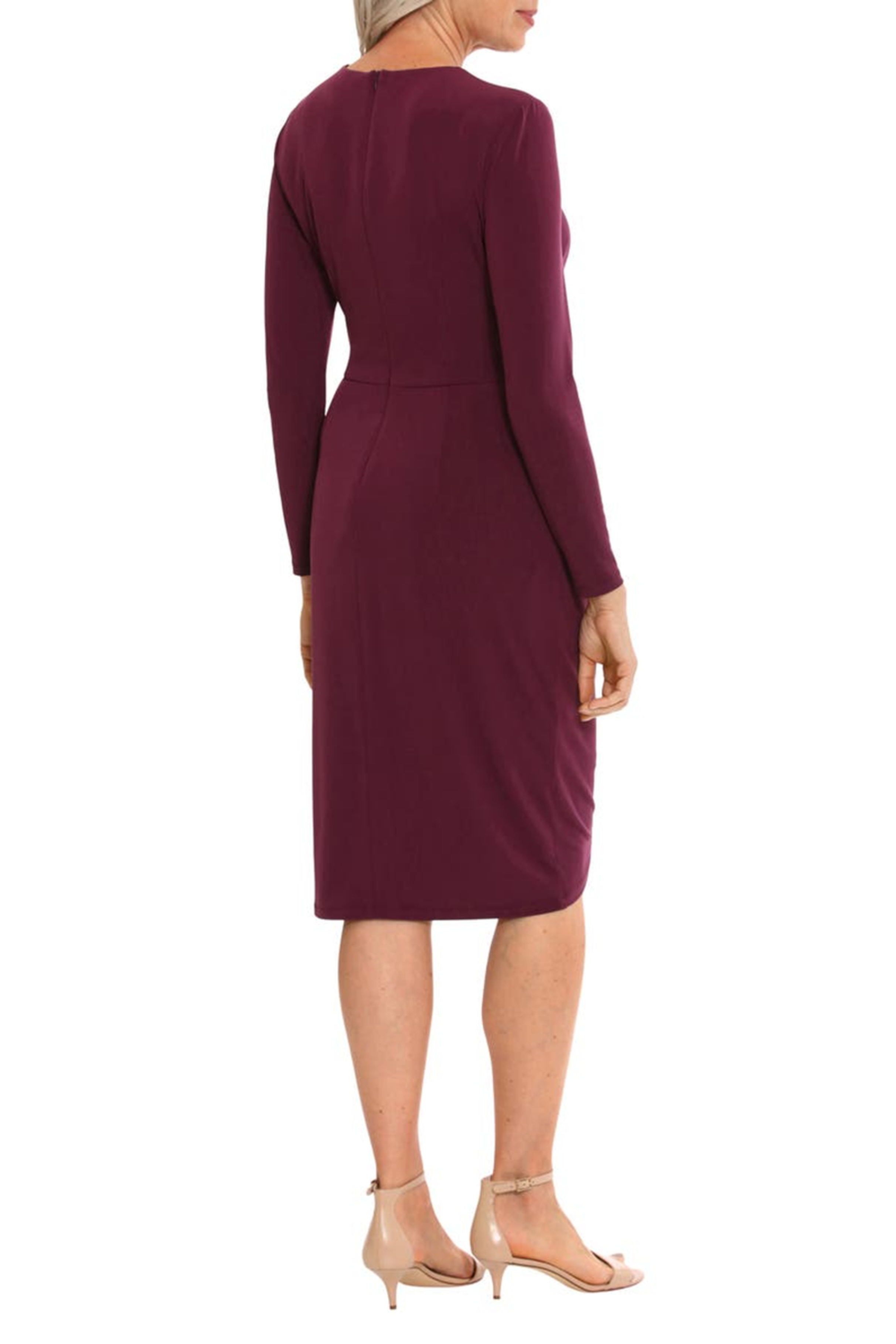 London Times T7288M Purple Long Sleeve Asymmetrical Neck Dress with Jersey, Sheath, Pleated Detail