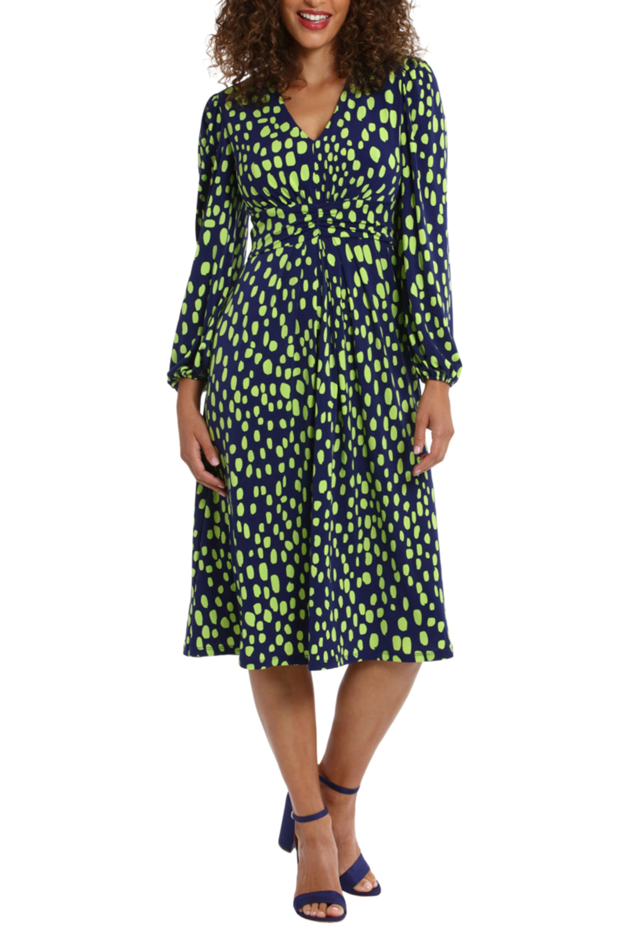 london times green dress T7413M Navy Long Sleeve Ruched Waist Print Navy Green / 4 macklivd Recommended Care Shirt Size:15.5 x 32-33 Light Green Tulle 3D