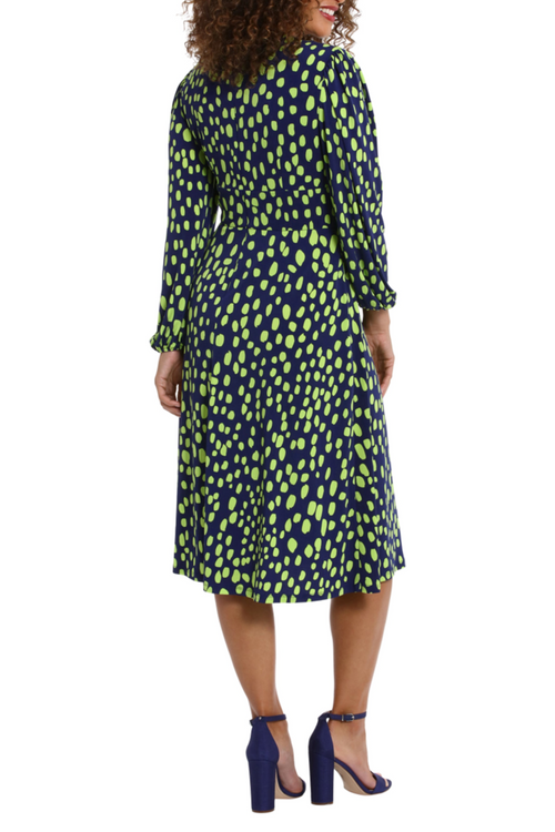 London Times T7413M Navy Green Long Sleeve Ruched Waist Print Dress with V-Neck, Jersey