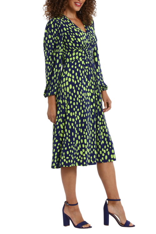 London Times T7413M Navy Green Long Sleeve Ruched Waist Print Dress with V-Neck, Jersey