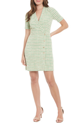 London Times T7764M Green Houndstooth Short Faux Wrap Dress with Surplice V-Neck, Short Sleeve, Tweed