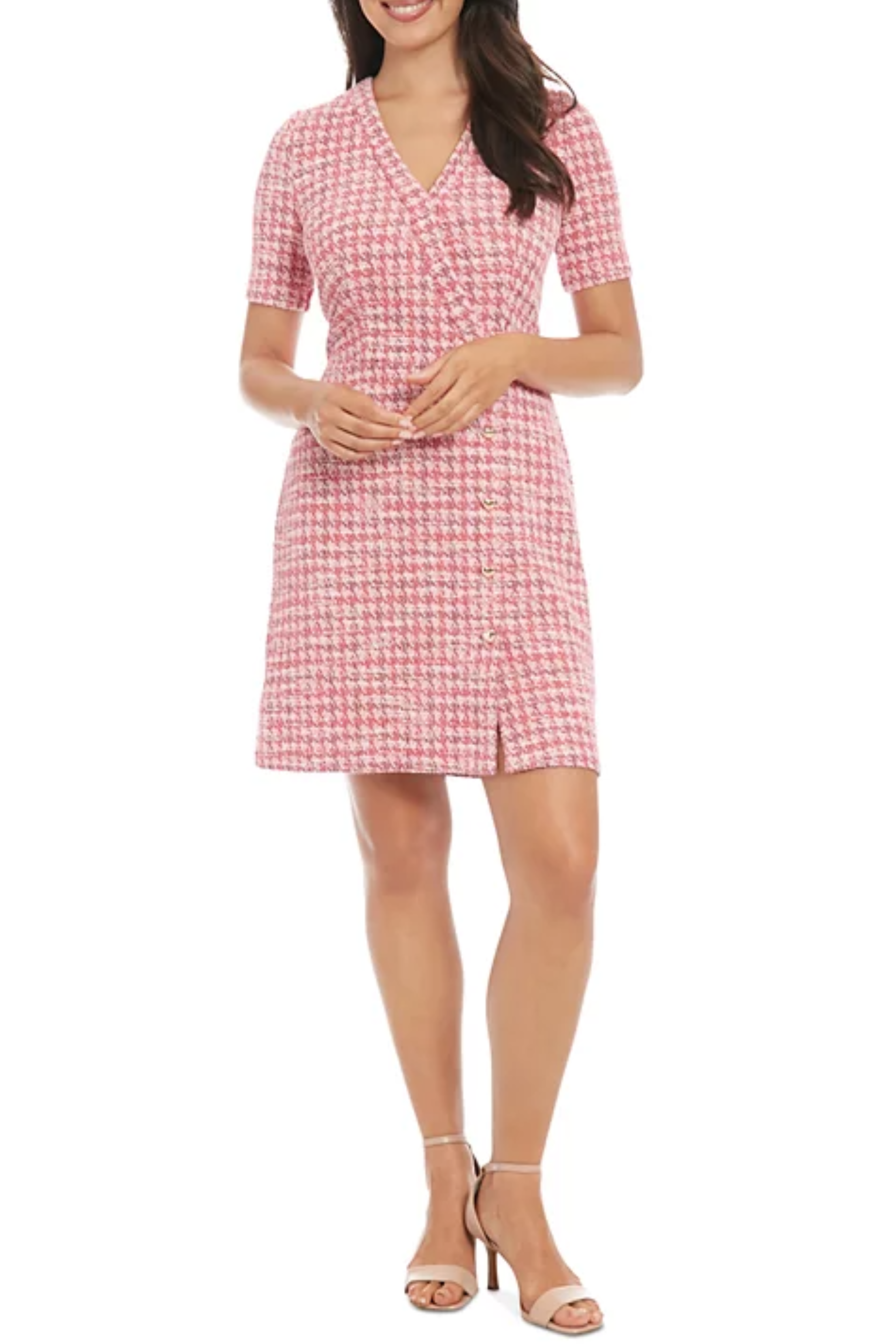London Times T7764M Pink Houndstooth Short Faux Wrap Dress with Surplice V-Neck, Short Sleeve, Tweed