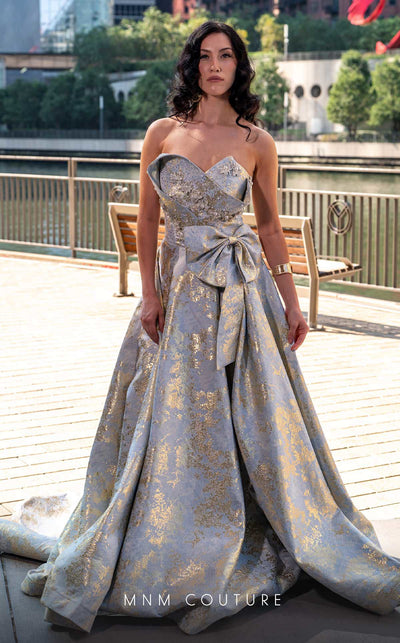 Strapless Blush Brocade Gown with Side Slit by MNM Couture