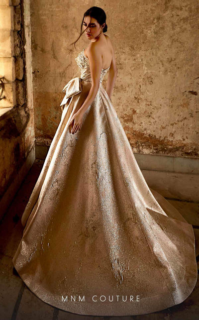 Strapless Blush Brocade Gown with Side Slit by MNM Couture