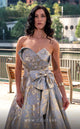 Strapless Blush Brocade Gown with Side Slit by MNM Couture