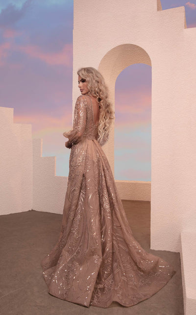 MNM Couture M0099 Beige Embroidered Long Sleeve Evening Gown