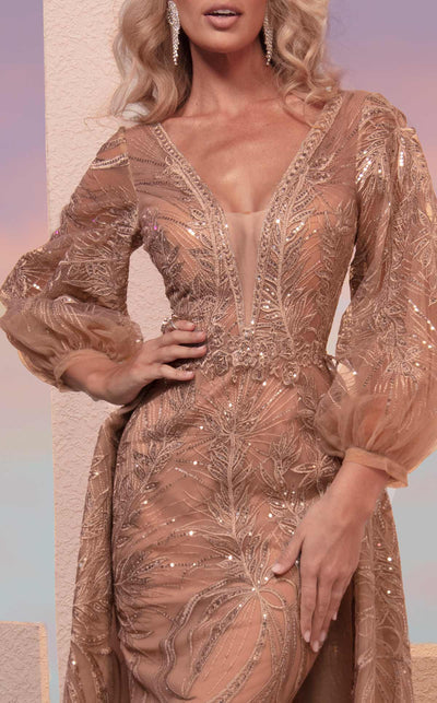 MNM Couture M0099 Beige Embroidered Long Sleeve Evening Gown