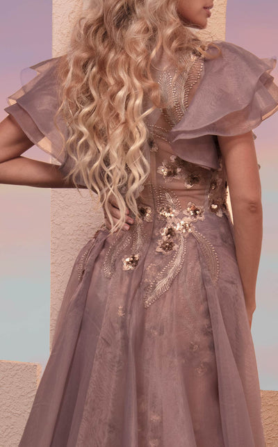 MNM Couture M0101 Grey Ruffled Sleeve Embellished Evening Gown