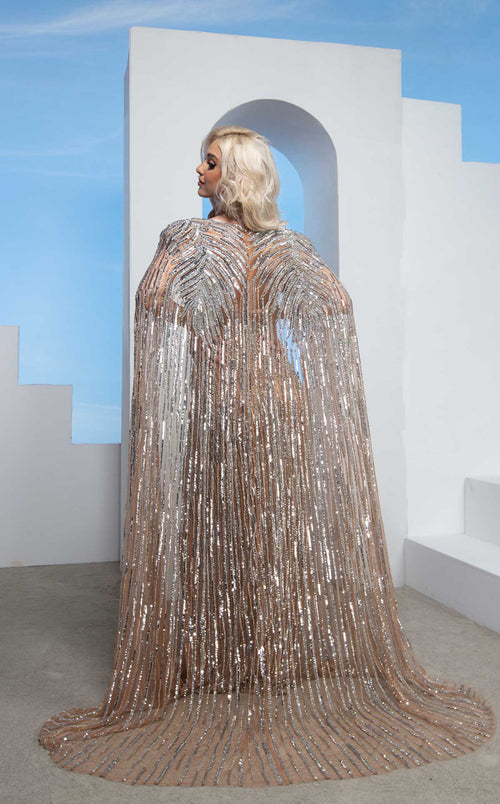 MNM Couture M1003 Silver Embellished Gown with Cape