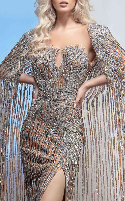MNM Couture M1003 Silver Embellished Gown with Cape