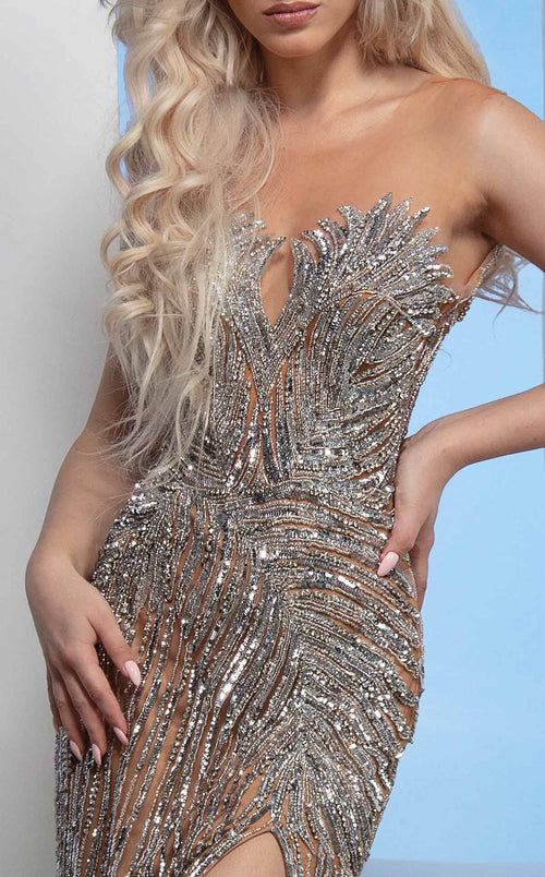 MNM Couture M1003 Silver Embellished Gown with Cape