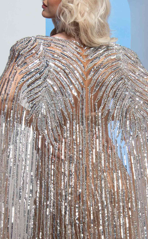 MNM Couture M1003 Silver Embellished Gown with Cape