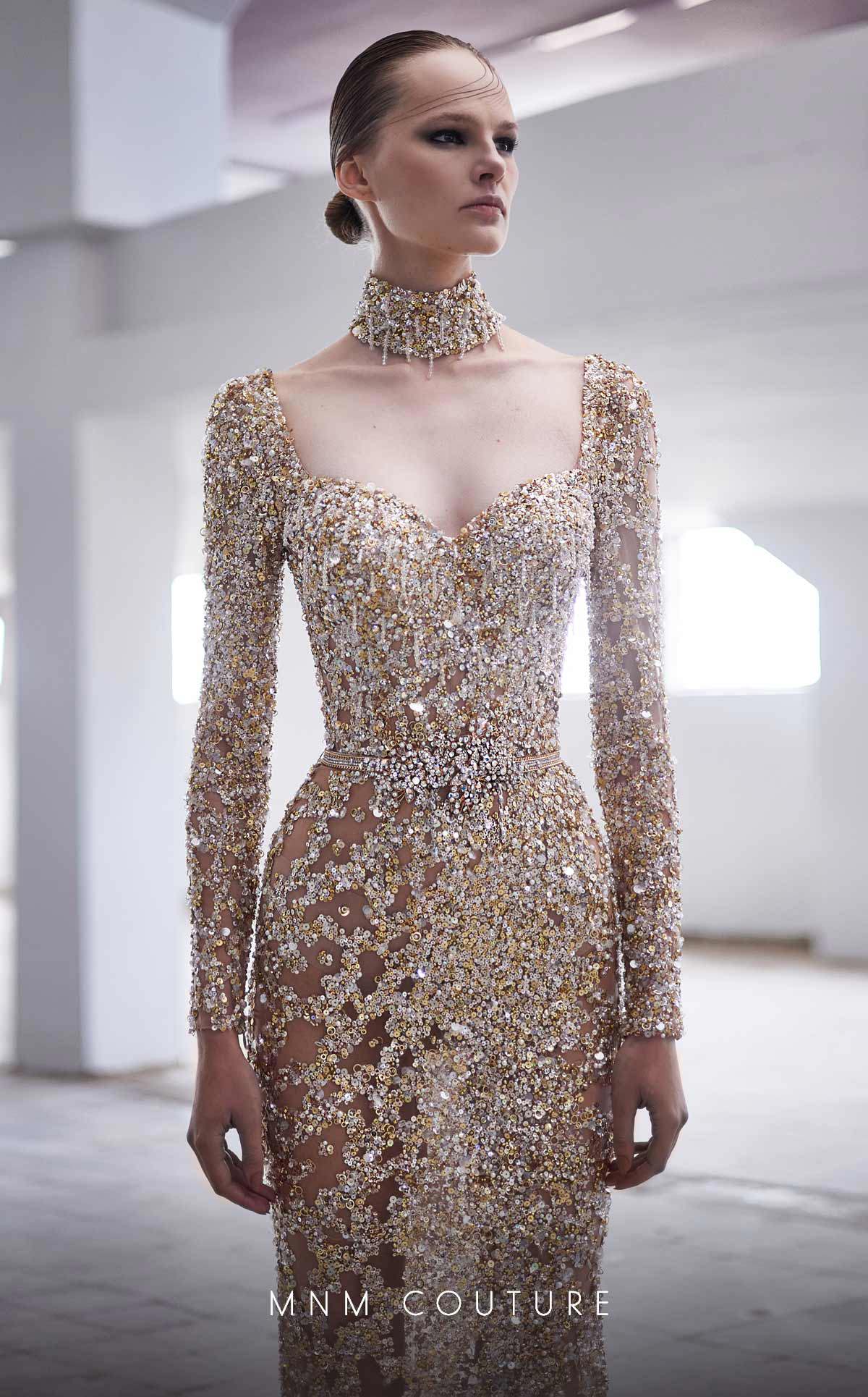 MNM Couture M1017 Embroidered Gold Tulle Evening Gown