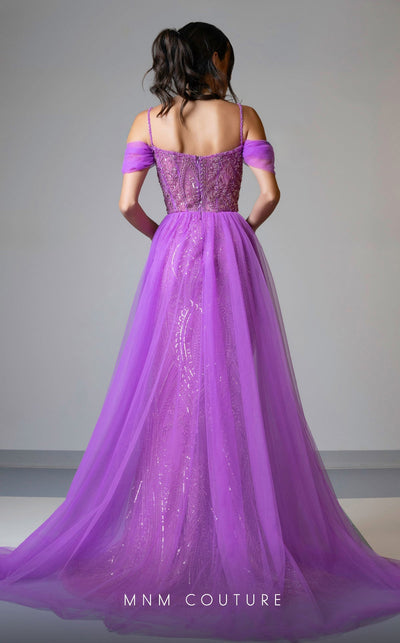 MNM Couture M1047 Embroidered Purple Tulle Gown with Off-Shoulder Sleeves