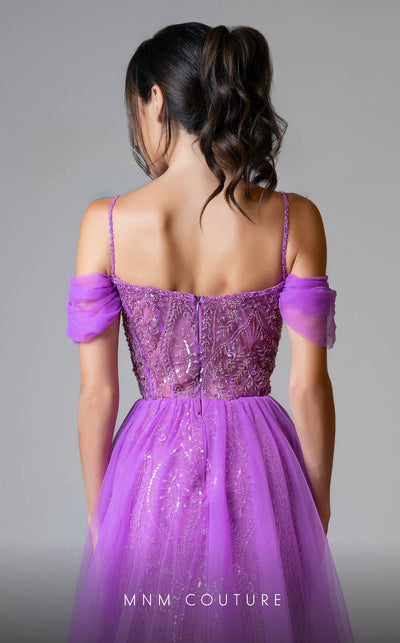 MNM Couture M1047 Embroidered Purple Tulle Gown with Off-Shoulder Sleeves