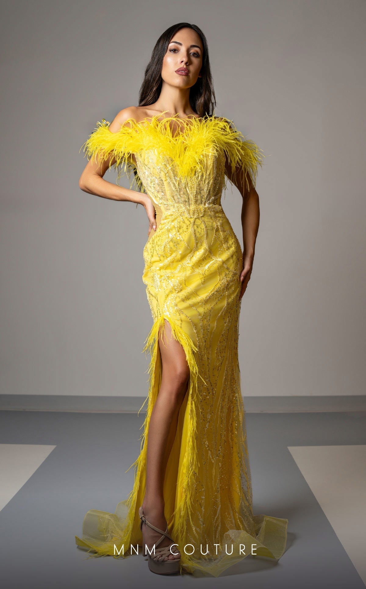 MNM Couture M1048 Yellow Embroidered Mesh Gown with Feather Accents