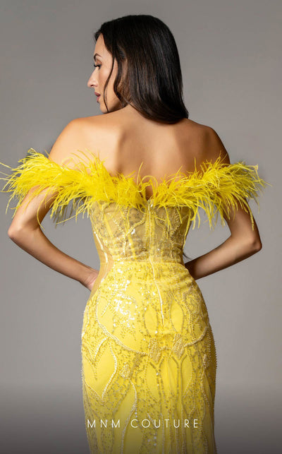 MNM Couture M1048 Yellow Embroidered Mesh Gown with Feather Accents