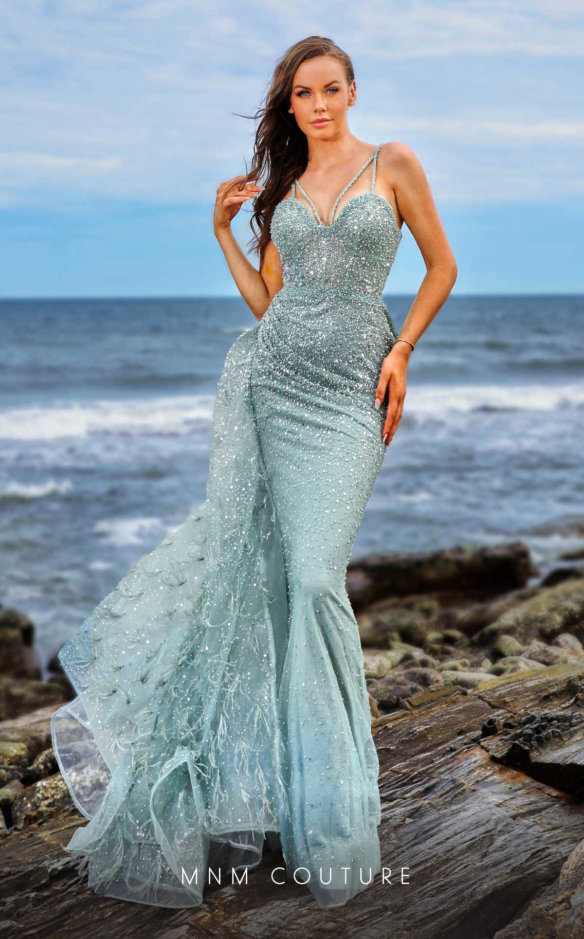 MNM Couture M1050 Green Beaded Gown with Feather Overskirt