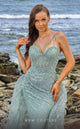 MNM Couture M1050 Green Beaded Gown with Feather Overskirt