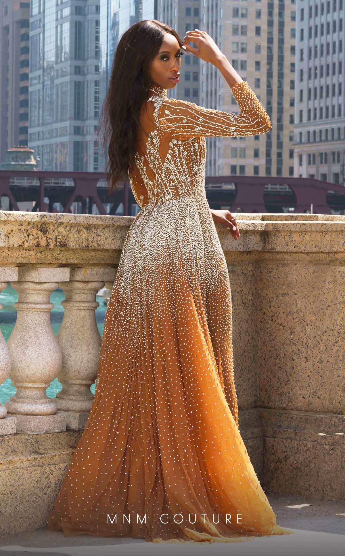 MNM Couture M1127 Copper Embroidered Tulle Gown with Beaded Sleeves
