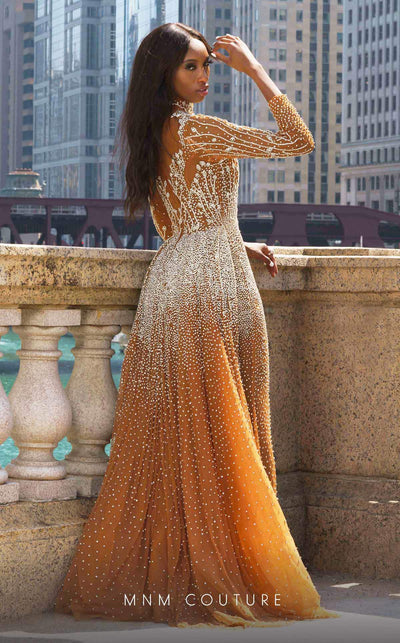 MNM Couture M1127 Copper Embroidered Tulle Gown with Beaded Sleeves