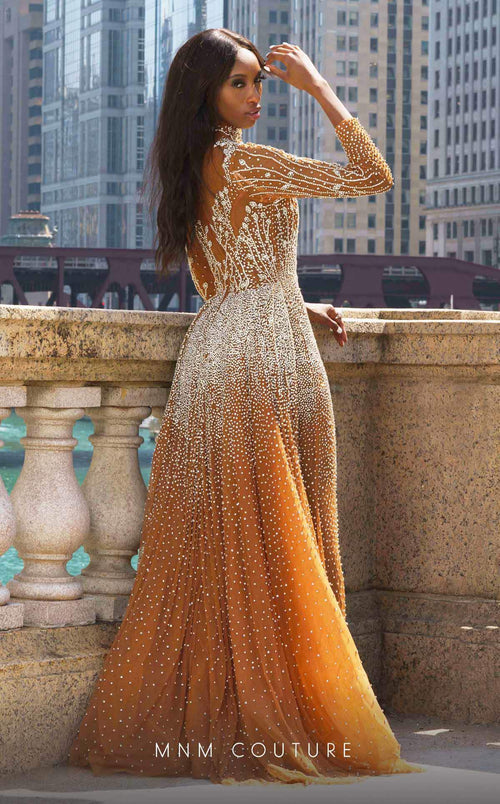 MNM Couture M1127 Copper Embroidered Tulle Gown with Beaded Sleeves