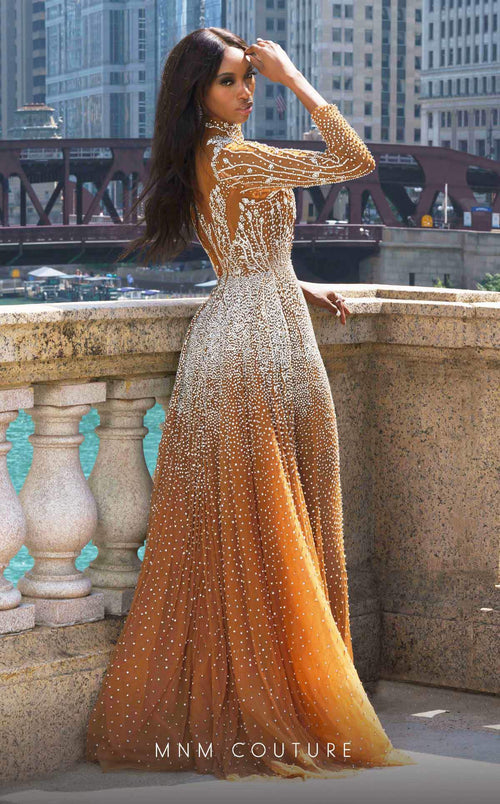 MNM Couture M1127 Copper Embroidered Tulle Gown with Beaded Sleeves