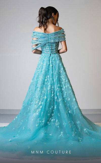 MNM Couture M1150 Aqua Embroidered Mermaid Gown with Removable Train