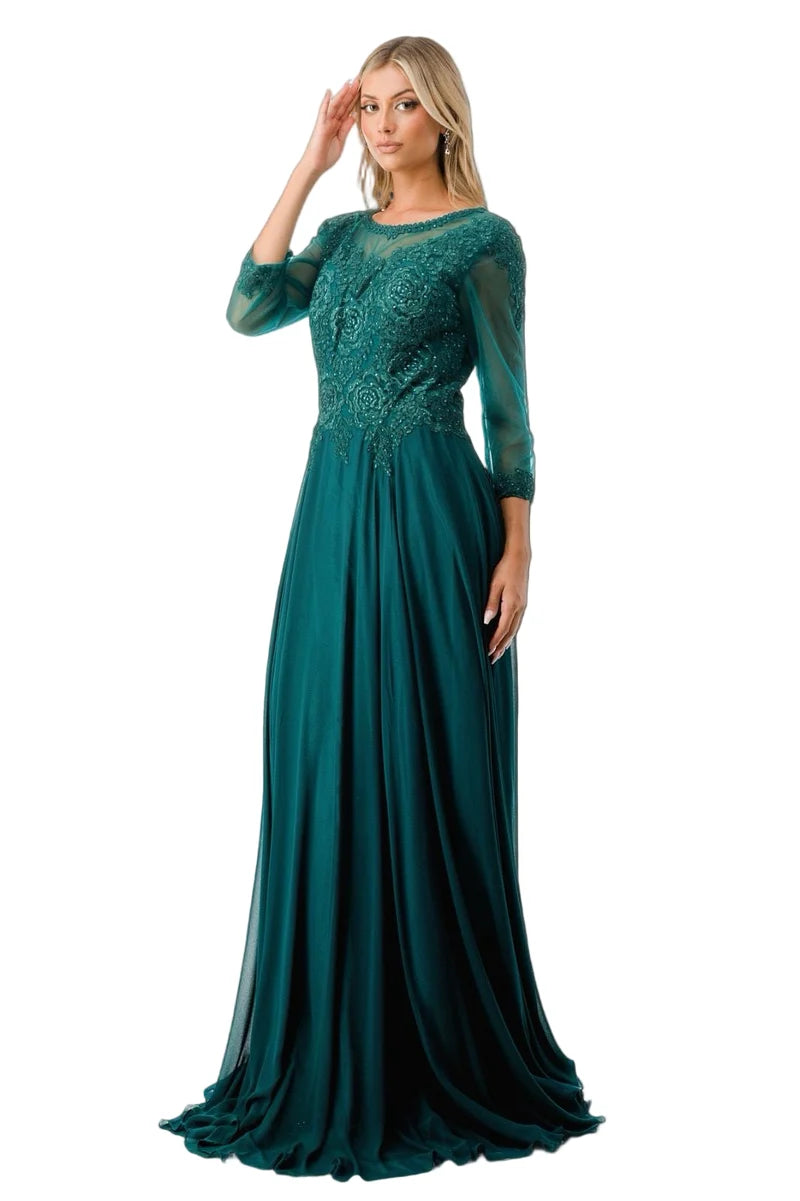 Illusion Lace Applique 3/4 Sleeve A-Line Mother of the Bride Dress by Trevi M2723J