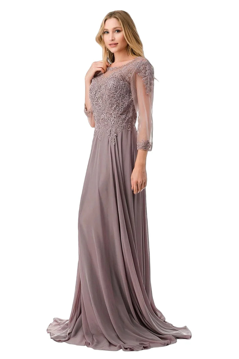 Illusion Lace Applique 3/4 Sleeve A-Line Mother of the Bride Dress by Trevi M2723J