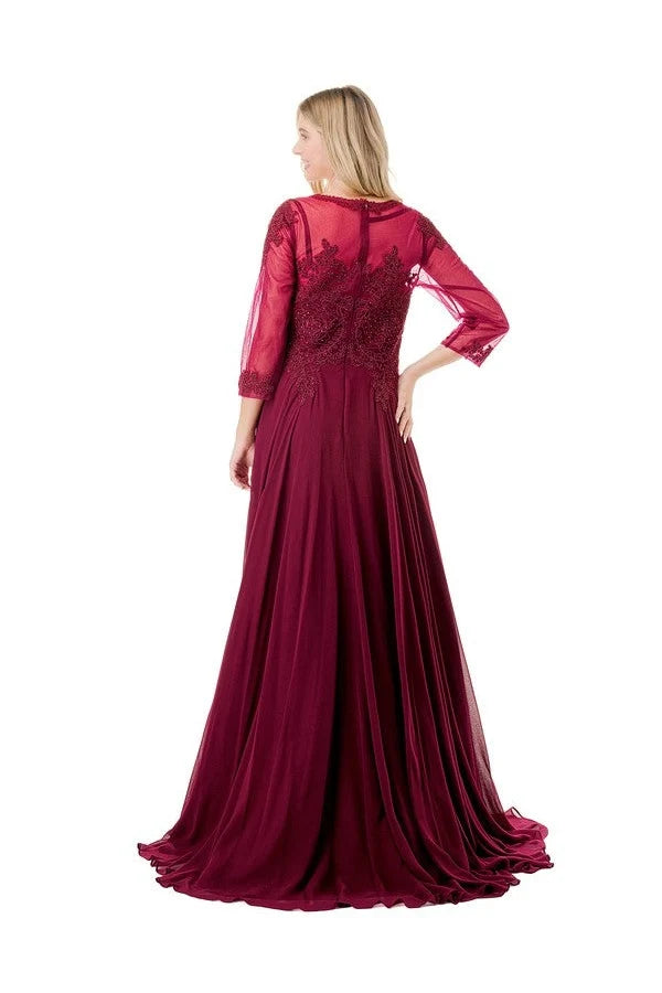Plus Size 3/4 Sleeves A-Line Mother of the Bride Dress with Illusion Lace Applique by Trevi M2723JP
