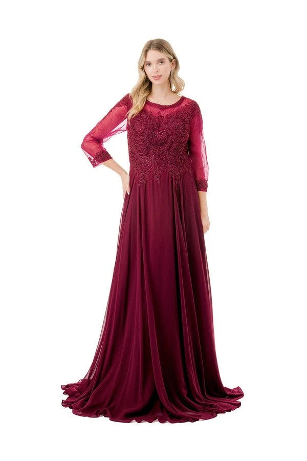 Plus Size 3/4 Sleeves A-Line Mother of the Bride Dress with Illusion Lace Applique by Trevi M2723JP