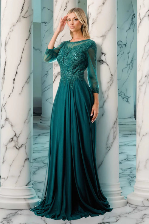 Plus Size 3/4 Sleeves A-Line Mother of the Bride Dress with Illusion Lace Applique by Trevi M2723JP