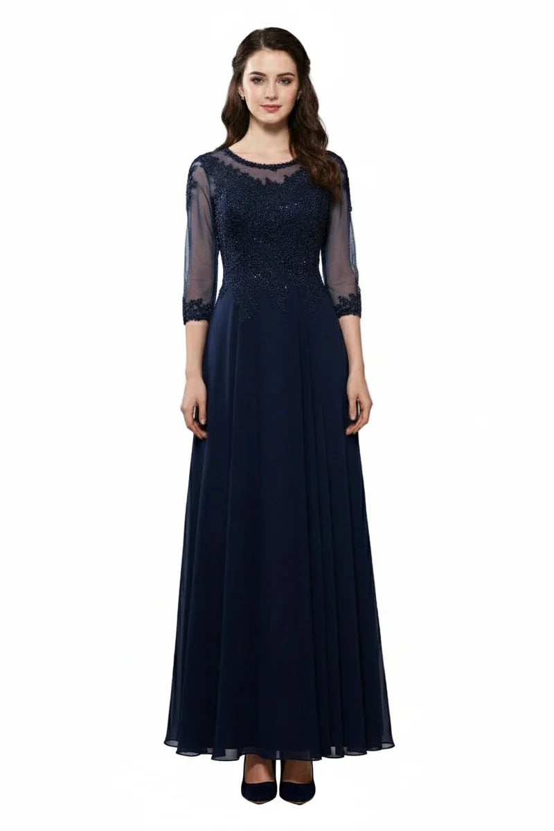 Illusion Lace Applique 3/4 Sleeve A-Line Mother of the Bride Dress by Trevi M2723J