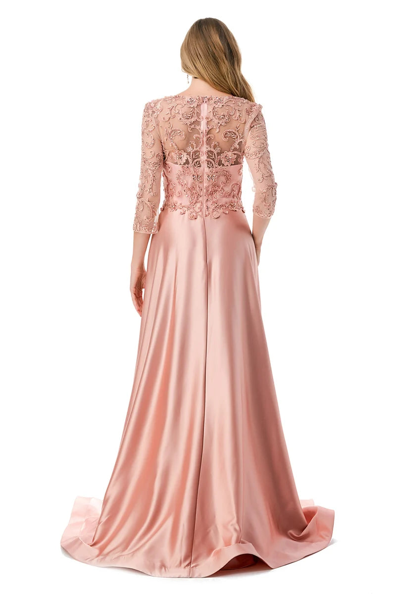 3/4 Sleeve Illusion Lace A-Line Beaded Bodice Satin Formal Dress with Sweep Train by Trevi M2734F