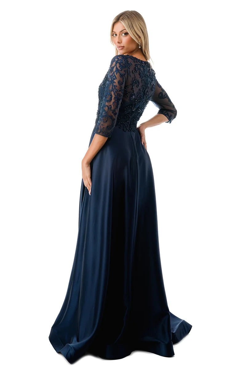3/4 Sleeve Illusion Lace A-Line Beaded Bodice Satin Formal Dress with Sweep Train by Trevi M2734F