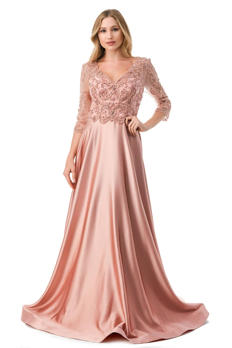 3/4 Sleeve Illusion Lace A-Line Beaded Bodice Satin Formal Dress with Sweep Train by Trevi M2734F