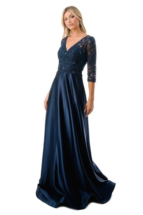 3/4 Sleeve Illusion Lace A-Line Beaded Bodice Satin Formal Dress with Sweep Train by Trevi M2734F